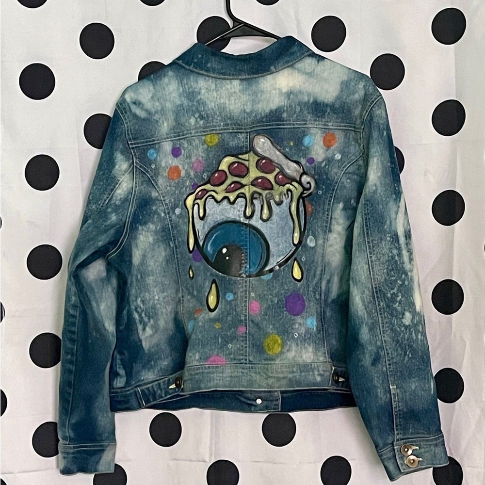 Hand Painted Women’s Denim Jacket Eyeball and Pizza
